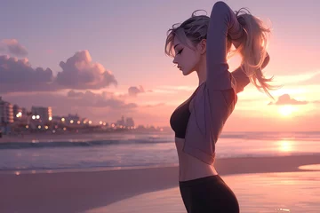 Fotobehang beautiful anime girl in stretching pose, standing on the promenade at the beach. realistic cartoon, digital art style, illustration. generative AI © yj