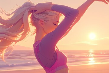 beautiful anime girl in stretching pose, standing on the promenade at the beach. realistic cartoon, digital art style, illustration. generative AI - obrazy, fototapety, plakaty