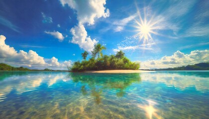 Fototapeta na wymiar tropical island, water reflections, transparent blue water, dutch angle, sandy clean lake floor, bright blue sky, scattered clouds, noon vapor wave, Ai Generate