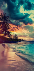 tropical beach view at cloudy stormy sunset with white sand, turquoise water and palm trees. Neural...