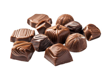 Various of chocolate pralines from top view isolated on background, collection tasty sweet dessert chocolate, piece of dark chocolate.