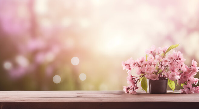 Empty table background with spring theme in background