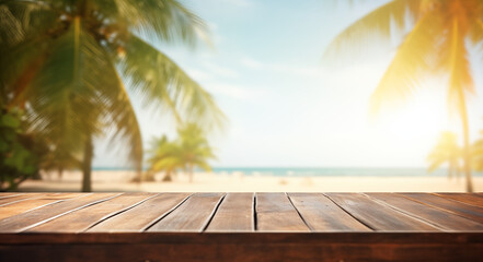 Empty wooden table with tropical beach theme in background - 762957448