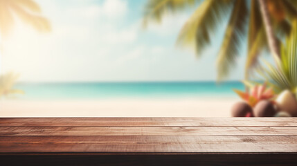Empty wooden table with tropical beach theme in background
