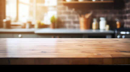 Empty old wooden table with kitchen in background - 762957601
