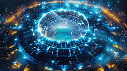 A circular stadium resembling a spaceship ready to blast off with each game.