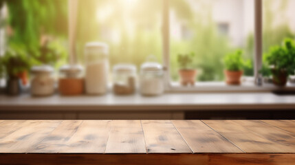Empty old wooden table with kitchen in background - 762957658