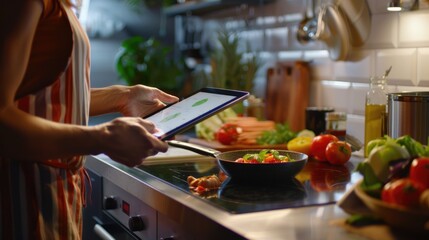Woman following recipe cooking healthy food online with tablet at kitchen.