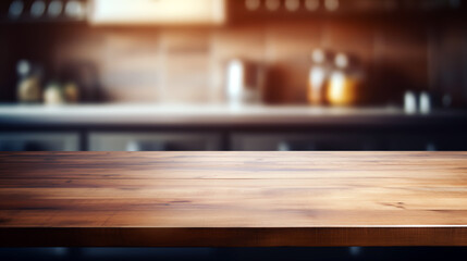 Empty old wooden table with kitchen in background - 762957696