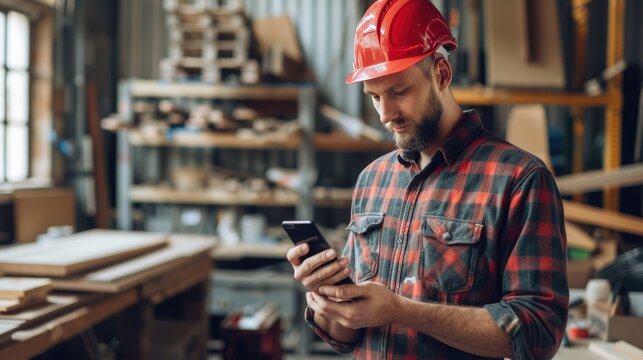 Carpenter man using mobile phone while working in a workshop.