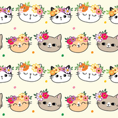 Seamless Pattern of Cartoon Cat Face and Flower Design on Light Yellow Background - obrazy, fototapety, plakaty