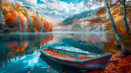 Colorful autumn landscape, nature background.Boat on the lake in the autumnal forest