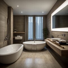 Modern hotel bathroom interior with bathtub and sink