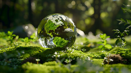 Crystal globe putting on moss, ecology and environment sustainable concept