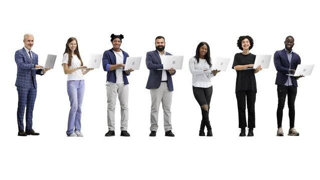 A group of people, full-length, on a white background, using a laptop