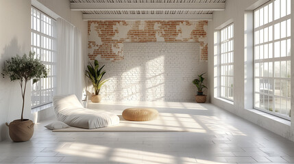 Spacious, minimalist modern living room with white color scheme, abundant natural light, and clean, simple furnishings for a tranquil setting.