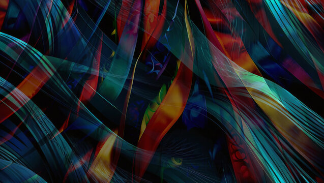 Dynamic flow of vector wave lines, pulsating with vibrant blue-green hues, set against the striking contrast of a black background