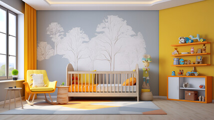 A yellow nursery with a yellow wallpaper with a tree on a wall cheerful decorating ideas beautiful background
