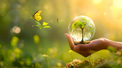 Earth crystal glass globe ball and growing tree in human hand, flying yellow butterfly on green...