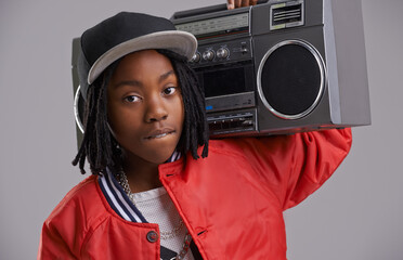 Black child, confidence and portrait with radio for hip hop, rap and swag dance with cool clothes...