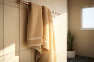 A beige terry towel hangs in the shower - obrazy, fototapety, plakaty