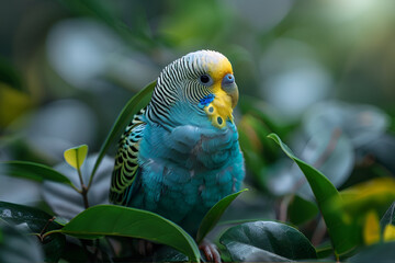 Budgerigar parrot  sitting on branch of tree in green jungle. Cute colorful wild Budgerigar parrot of scene from tropical forest. Exotic domestic pet concept  for pet shop with free place for text.