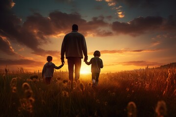 Sunset Walk: Father and Sons in Field