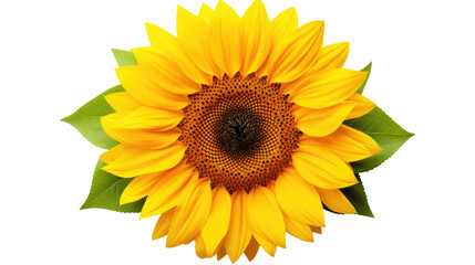 Fototapeta premium Large Yellow Sunflower With Green Leaves. On a White or Clear Surface PNG Transparent Background..