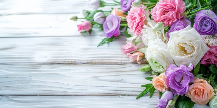 Beautiful Arrangement of Vibrant Pink, White, and Purple Flowers on a Rustic Whitewashed Wooden Table Background, Creating a Charming and Serene Setting for Nature Lovers