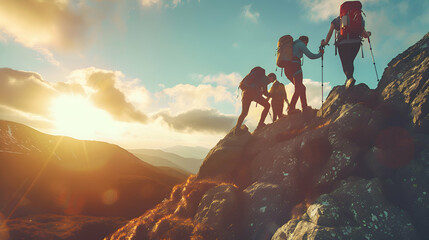 Group of hikers on a mountain and woman helping her friend to climb a rock - obrazy, fototapety, plakaty