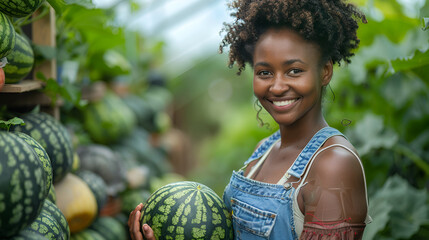 Small business owner smiling in her plant shop, watermelon shop, generative ai