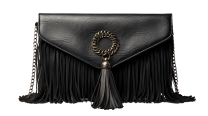 Black Purse With Tasselled Handle. On a White or Clear Surface PNG Transparent Background..