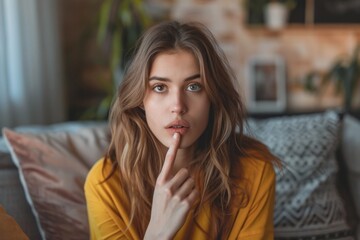 Fototapeta na wymiar Beautiful young woman with long brown hair and striking blue eyes, wearing a stylish yellow shirt, gently touching her lips while gazing at the camera with a captivating and enigmatic expression