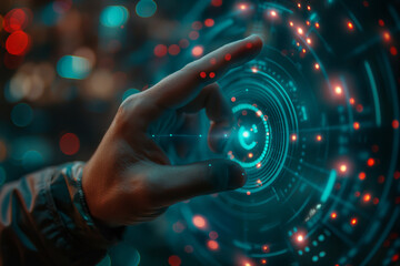 A person interacts with a high-tech digital lock interface, symbolizing advanced cybersecurity measures in a networked world.