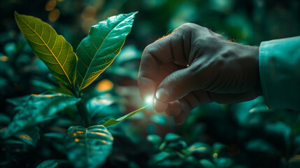 A hand reaches out to touch a glowing digital interface with hexagonal shapes, signifying interaction with futuristic technology.