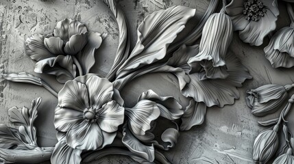 Three-dimensional plaster floral relief on a textured background.