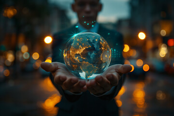 Fototapeta premium In a visionary display, a person holds a transparent, illuminated globe before an urban nightscape, symbolizing global connectivity and vision.