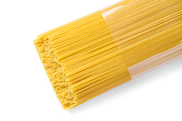 Packaging of spaghetti on a white background. Pasta in transparent packaging.