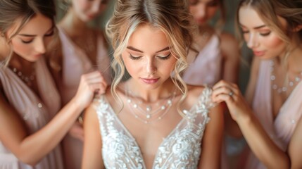 Bridal preparation with happy bride and bridesmaids in elegant dresses. - Powered by Adobe