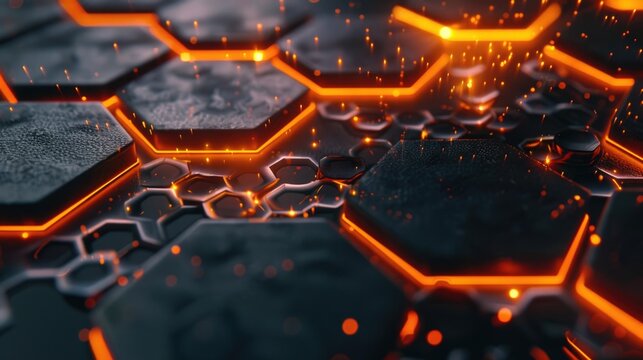 Abstract network of connected hexagonal shapes with glowing nodes on a purple background.