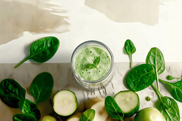 A glass of green juice is on a table with a bunch of spinach leaves - Powered by Adobe