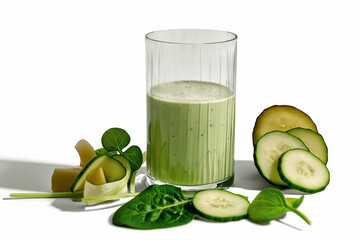 A glass of green juice with cucumber slices and spinach leaves