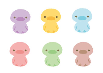 正面を向いて座っているカラフルなかわいいアヒルの子のイラストセット