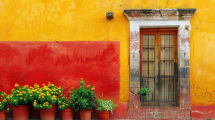 Fototapeta na wymiar Traditional Mexican house with yellow and red walls and potted marigold flowers
