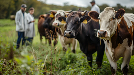 Group of veterinarians doctor checking health status of cattle at cows farm, Diary farm health control, Generative ai