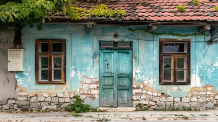 Fototapeta na wymiar Old weathered house with blue peeling paint and a teal wooden door.