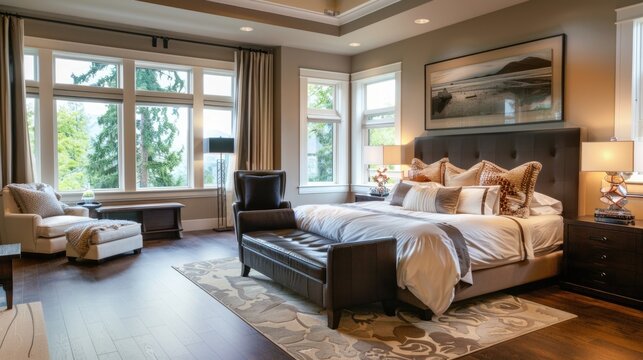 Luxury bedroom interior design with large windows and forest view.