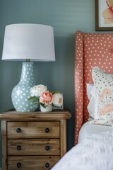 Blue and white polka dot lamp on wooden nightstand with flowers, cozy bedroom interior.