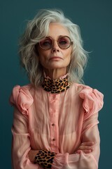 Obraz premium Fashionable senior woman with grey hair wearing round sunglasses and leopard print collar