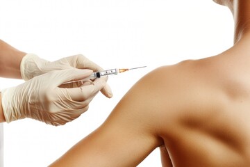 Close-up of Healthcare Worker Administering COVID-19 Vaccine Injection to Patients Arm with Syringe and Needle on White Background. Vaccination Process Concept in Medical Setting.